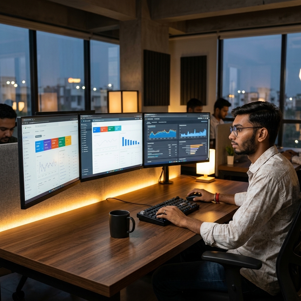 AbhiFY Digital Marketing Workspace in Varanasi — analytics dashboards and strategy setup